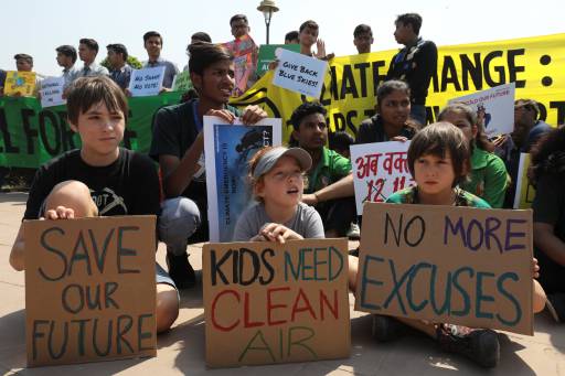 Children take part in a global protest against climate change in New Delhi, India, March 15, 2019. REUTERS/Anushree Fadnavis